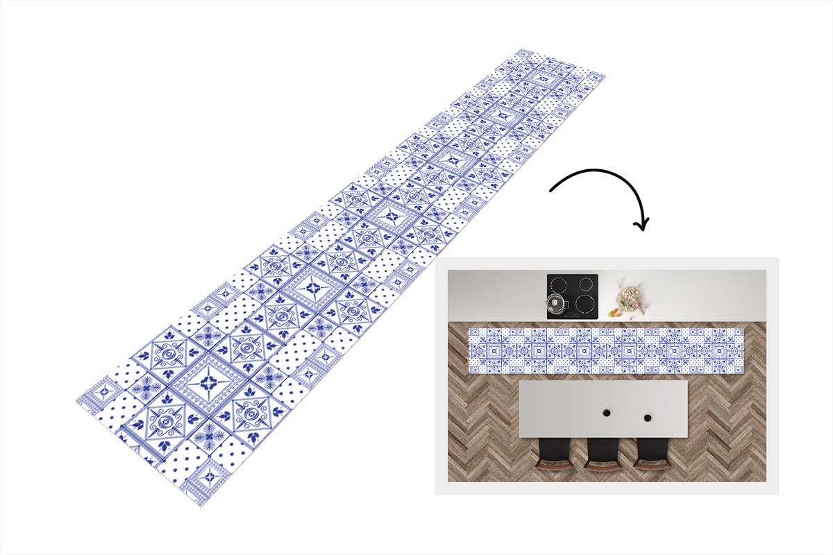 KitchenYeah Keukenloper - Loper keuken - Tegels - Patronen - Delfts Blauw - 300x50 cm - Keukenloper vinyl Multicolor