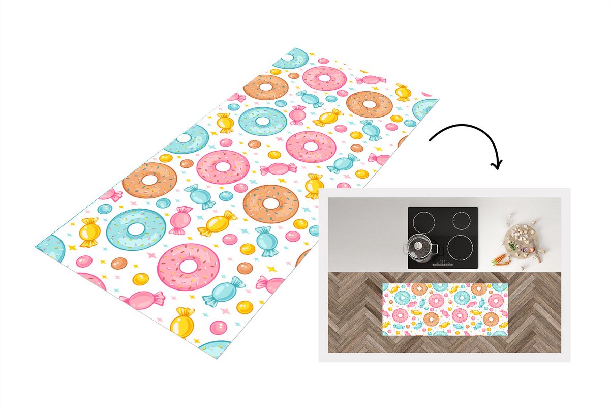 KitchenYeah Keukenloper - Loper keuken - Snoep - Donuts - Patronen - 120x50 cm - Keukenloper vinyl Multicolor