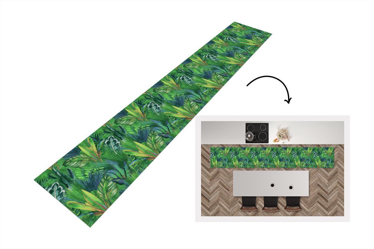 KitchenYeah Keukenloper - Loper keuken - Bladeren - Tropisch - Patronen - 300x50 cm - Keukenloper vinyl Multicolor