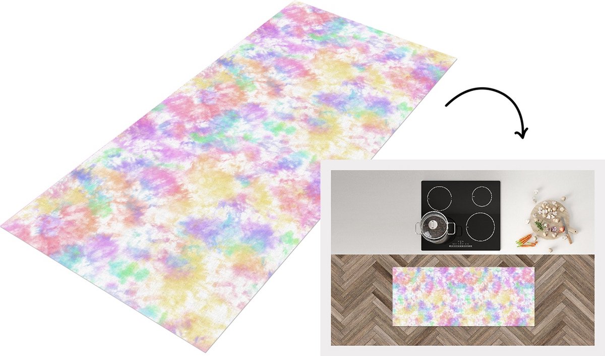 KitchenYeah Keukenloper - Loper keuken - Tie dye - Pastel - Regenboog - Verf - Patronen - 120x50 cm - Keukenloper vinyl Multicolor