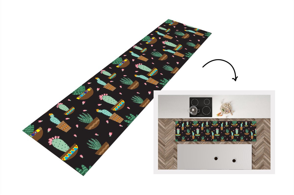 KitchenYeah Keukenloper - Loper keuken - Cactus - Patronen - Planten - 200x50 cm - Keukenloper vinyl Multicolor