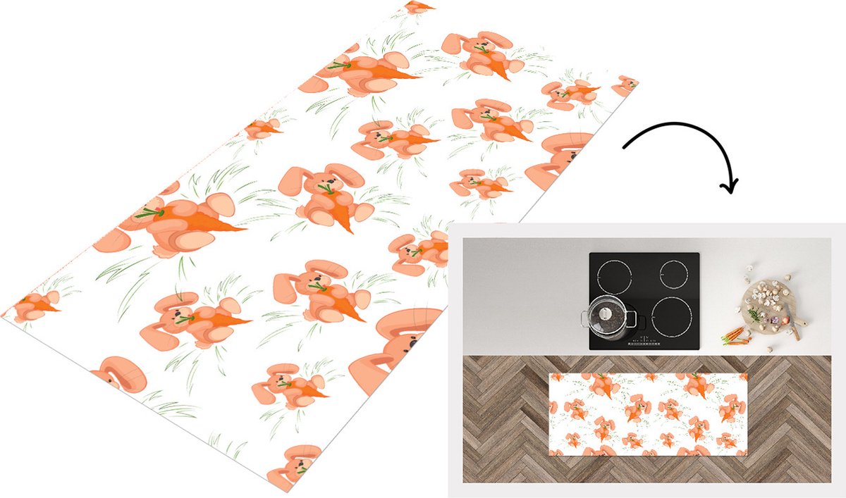 KitchenYeah Keukenloper - Loper keuken - Konijnen - Groente - Patronen - 120x50 cm - Keukenloper vinyl Multicolor