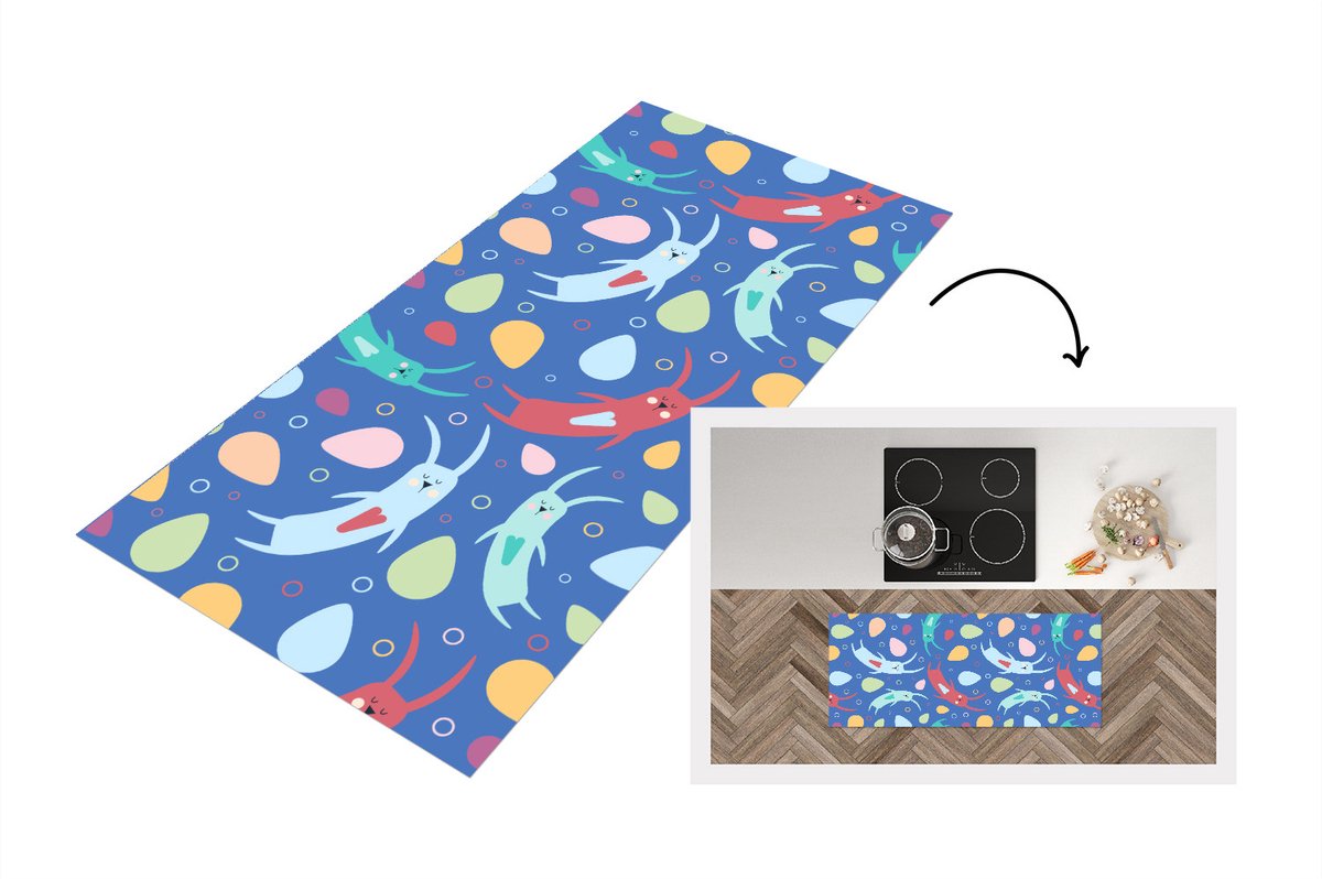 KitchenYeah Keukenloper - Loper keuken - Konijnen - Pastel - Regenboog - Patronen - 120x50 cm - Keukenloper vinyl Multicolor