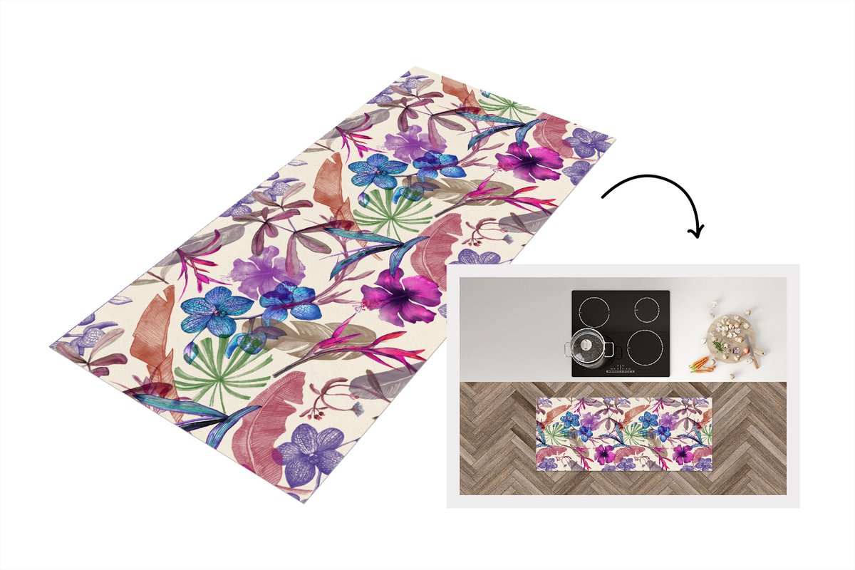 KitchenYeah Keukenloper - Loper keuken - Bloemen - Regenboog - Jungle - Patroon - Vintage - 120x50 cm - Keukenloper vinyl Multicolor