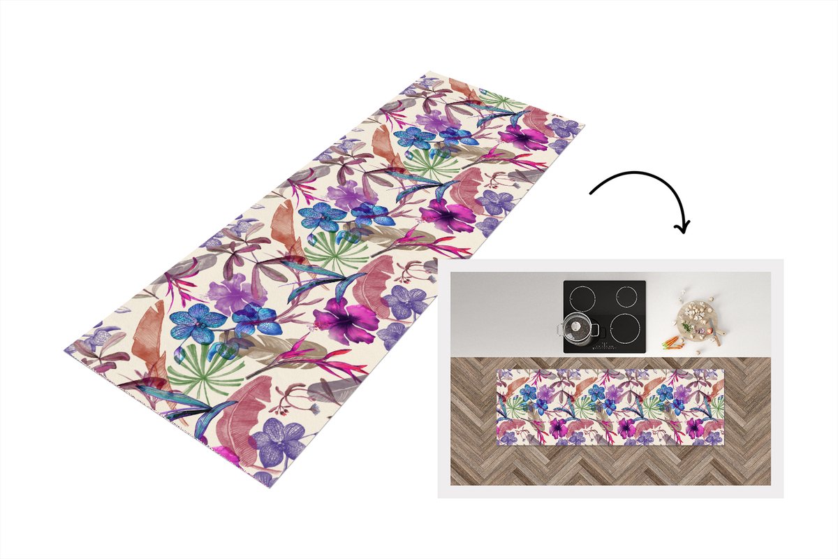 KitchenYeah Keukenloper - Loper keuken - Bloemen - Regenboog - Jungle - Patroon - Vintage - 180x60 cm - Keukenloper vinyl Multicolor
