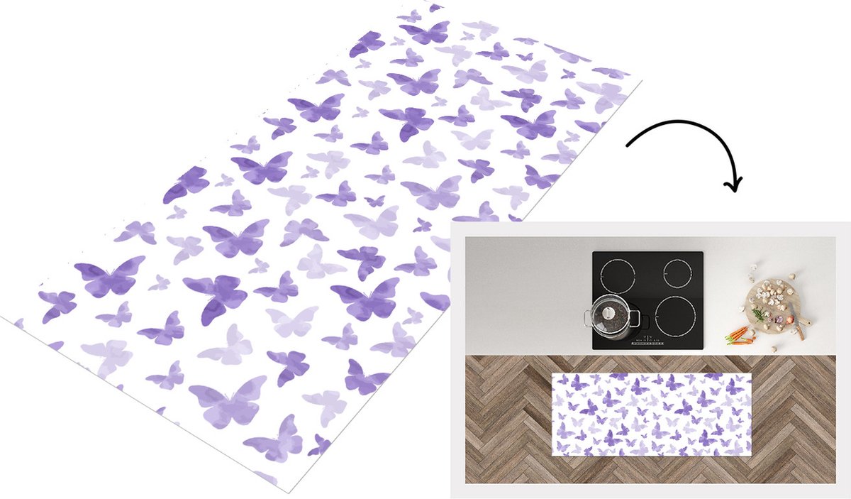 KitchenYeah Keukenloper - Loper keuken - Vlinder - Paars - Patronen - 120x50 cm - Keukenloper vinyl Multicolor