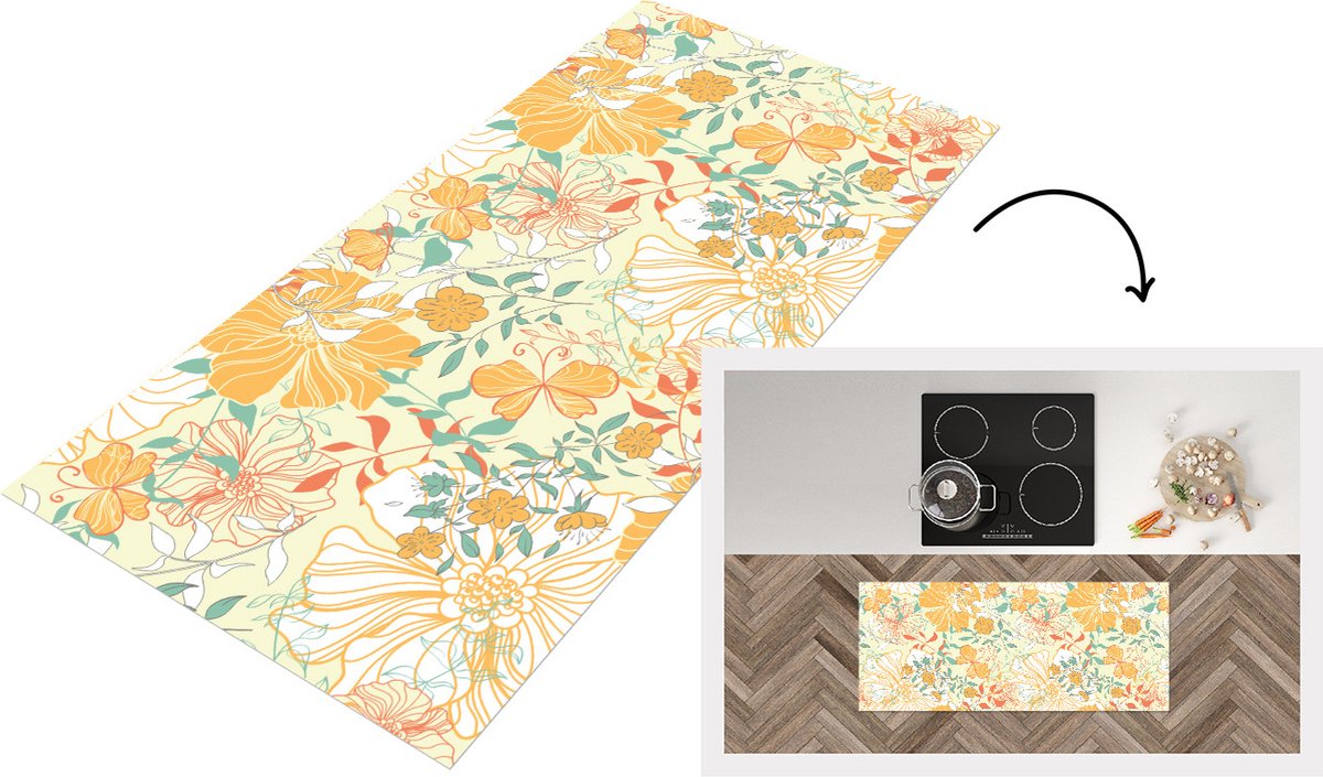 KitchenYeah Keukenloper - Loper keuken - Bloemen - Patronen - Vlinders - 120x50 cm - Keukenloper vinyl Multicolor