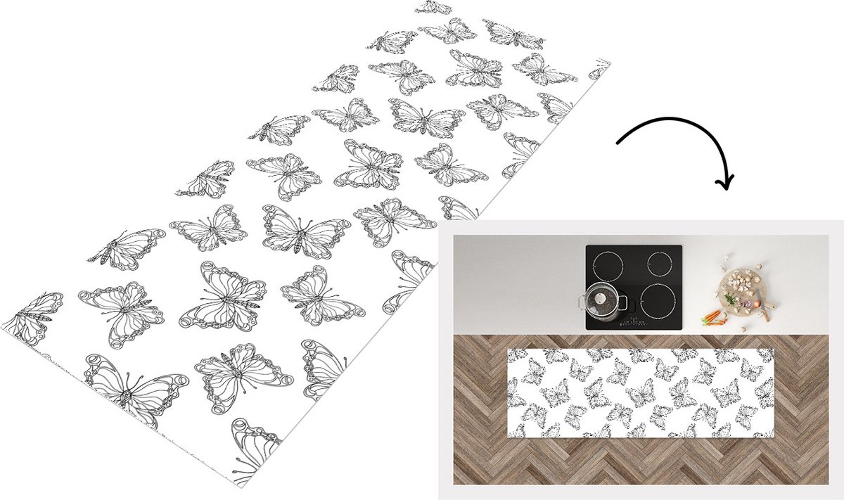KitchenYeah Keukenloper - Loper keuken - Vlinders - Patronen - Zwart Wit - 180x60 cm - Keukenloper vinyl Zwart; Wit