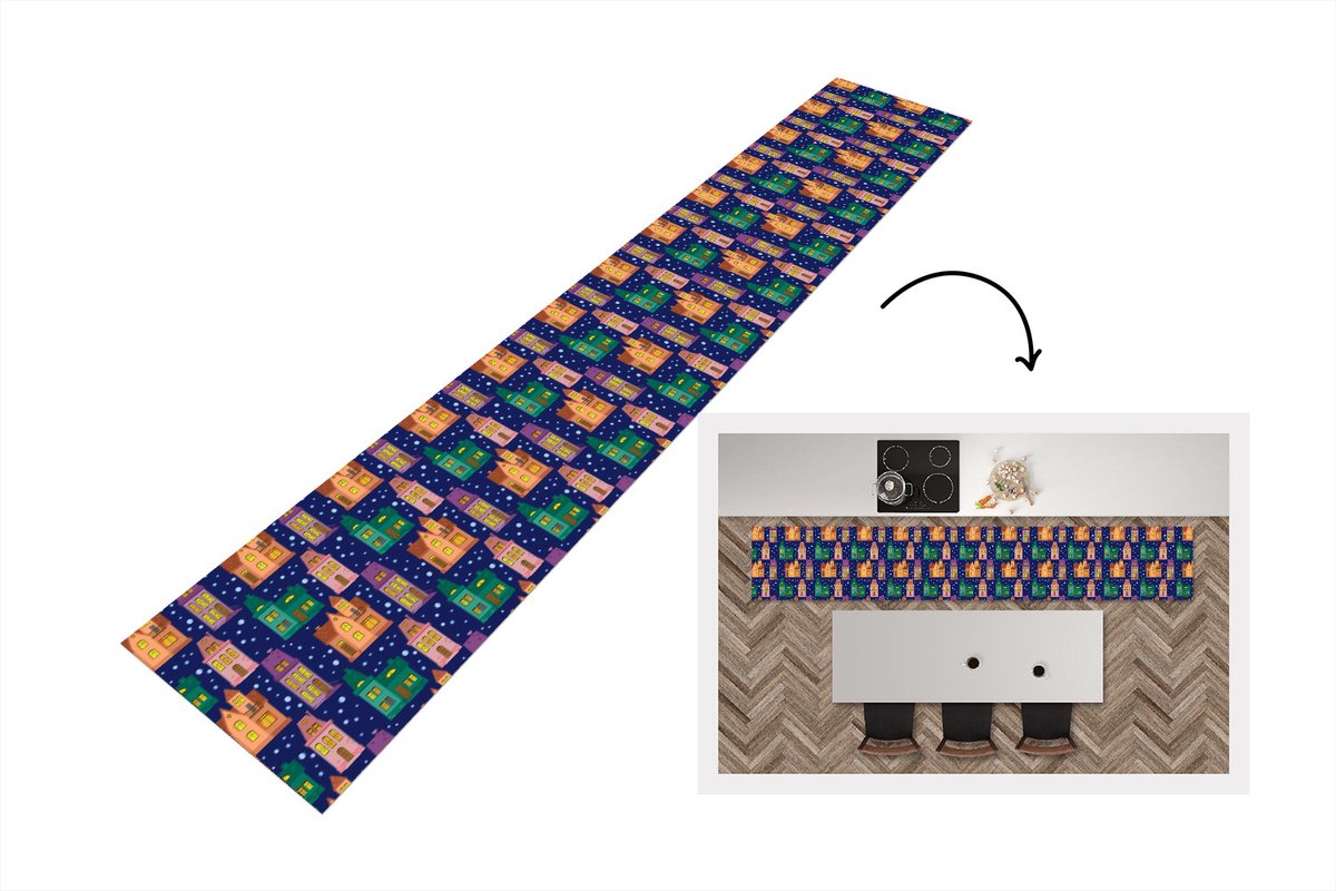 KitchenYeah Keukenloper - Loper keuken - Winter - Patroon - Huis - 300x50 cm - Keukenloper vinyl Multicolor