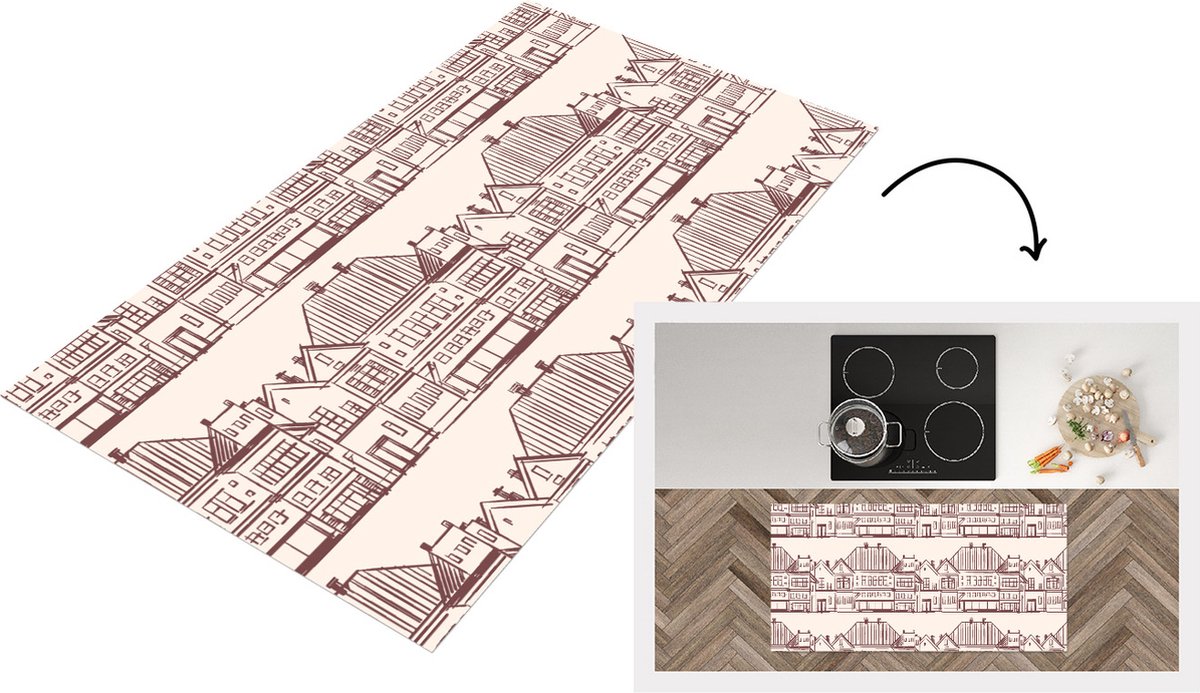 KitchenYeah Keukenloper - Loper keuken - Huizen - Patronen - Abstract - 120x60 cm - Keukenloper vinyl Multicolor