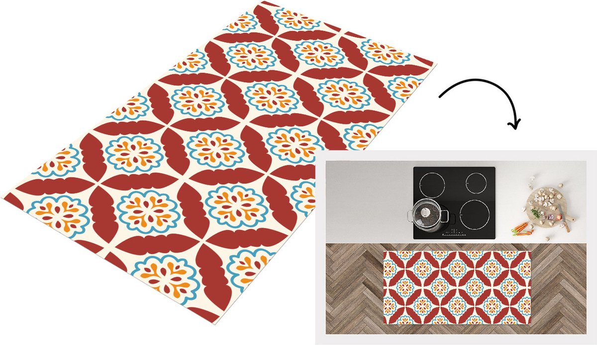 KitchenYeah Keukenloper - Loper keuken - Bloemen - Tegel - Patroon - 120x60 cm - Keukenloper vinyl Multicolor