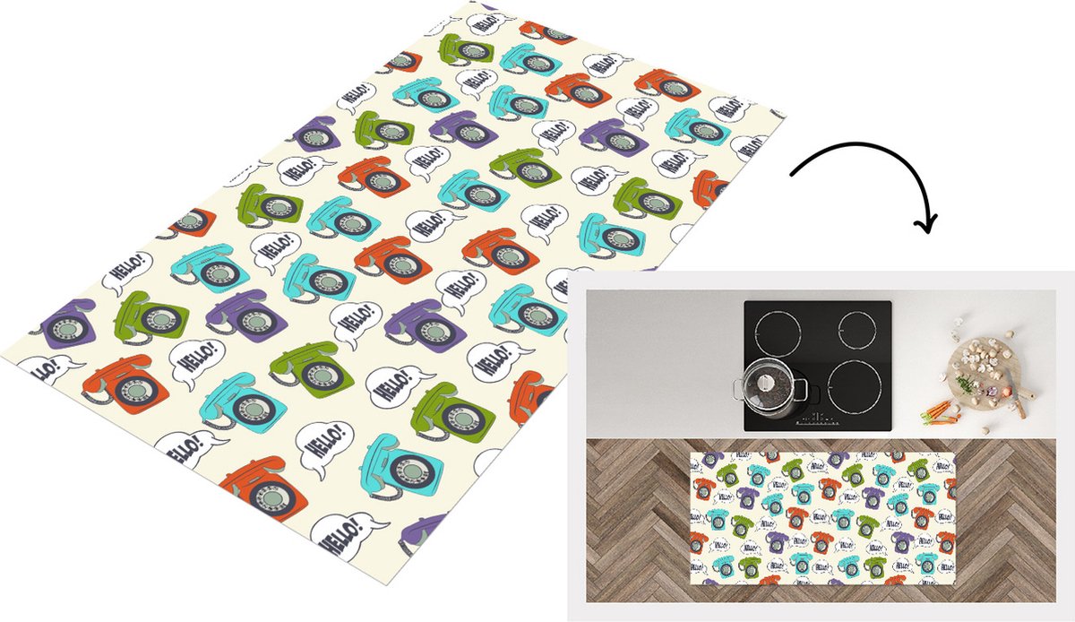KitchenYeah Keukenloper - Loper keuken - Retro - Telefoon - Design - 120x60 cm - Keukenloper vinyl Multicolor