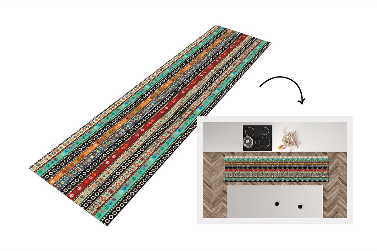 KitchenYeah Keukenloper - Loper keuken - Patroon - Azteken - Symbolen - Regenboog - 240x60 cm - Keukenloper vinyl Multicolor