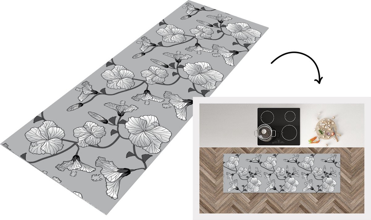 KitchenYeah Keukenloper - Loper keuken - Hibiscus - Grijs - Tropisch - Patroon - Keukenloper vinyl, foto 3