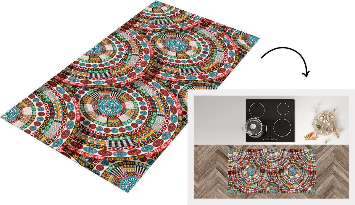 KitchenYeah Keukenloper - Loper keuken - Tegel - Azteken - Cirkels - Patronen - 120x60 cm - Keukenloper vinyl Multicolor