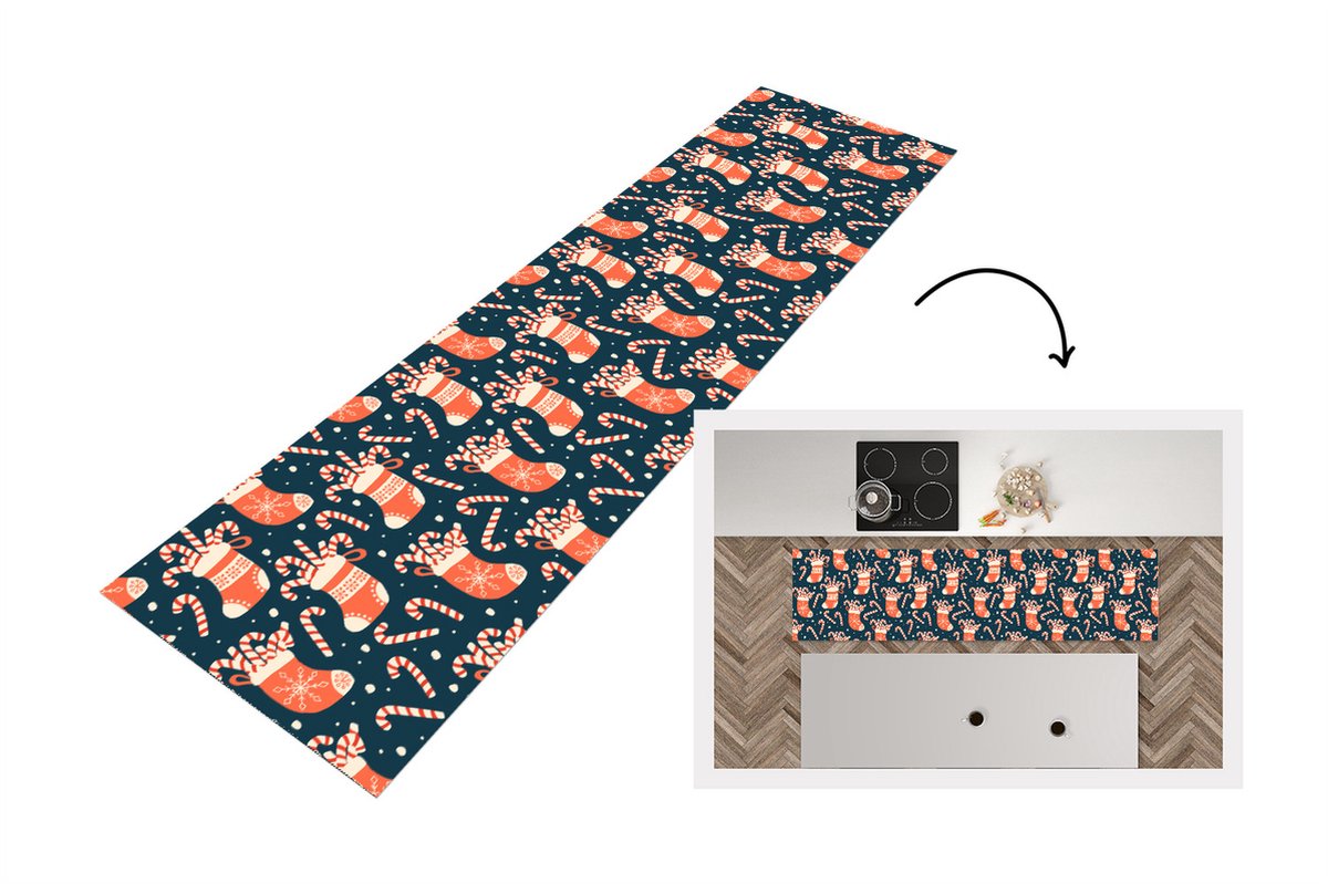 KitchenYeah Keukenloper - Loper keuken - Sokken - Snoep - Kerst - Patronen - 200x50 cm - Keukenloper vinyl Multicolor