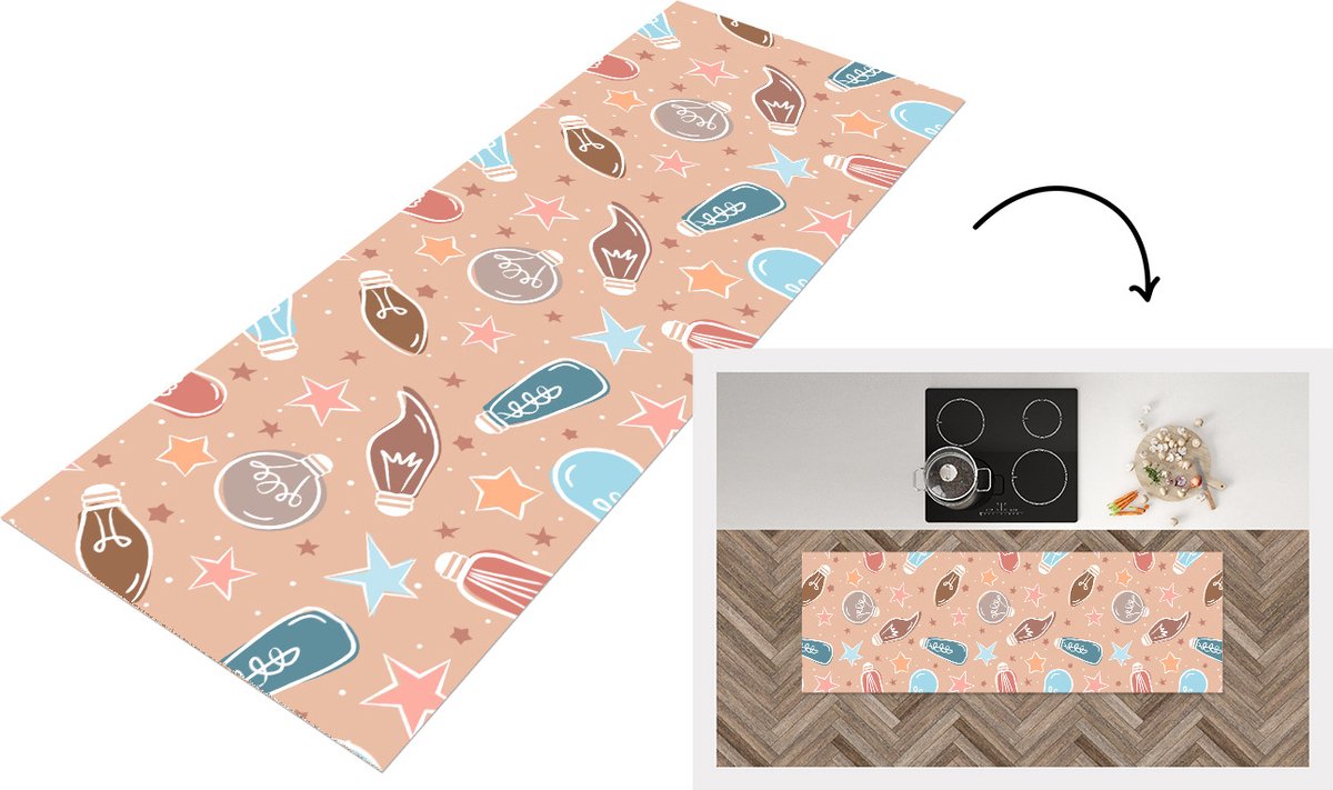 KitchenYeah Keukenloper - Loper keuken - Cartoon - Pastel - Patronen - Lamp - 180x60 cm - Keukenloper vinyl Multicolor