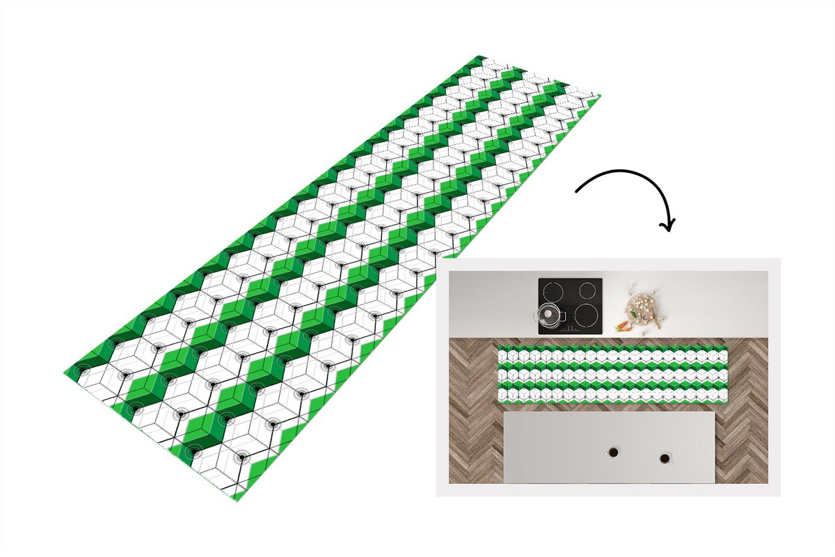 KitchenYeah Keukenloper - Loper keuken - Blokken - Patronen - 3D - Groen - 240x60 cm - Keukenloper vinyl Multicolor