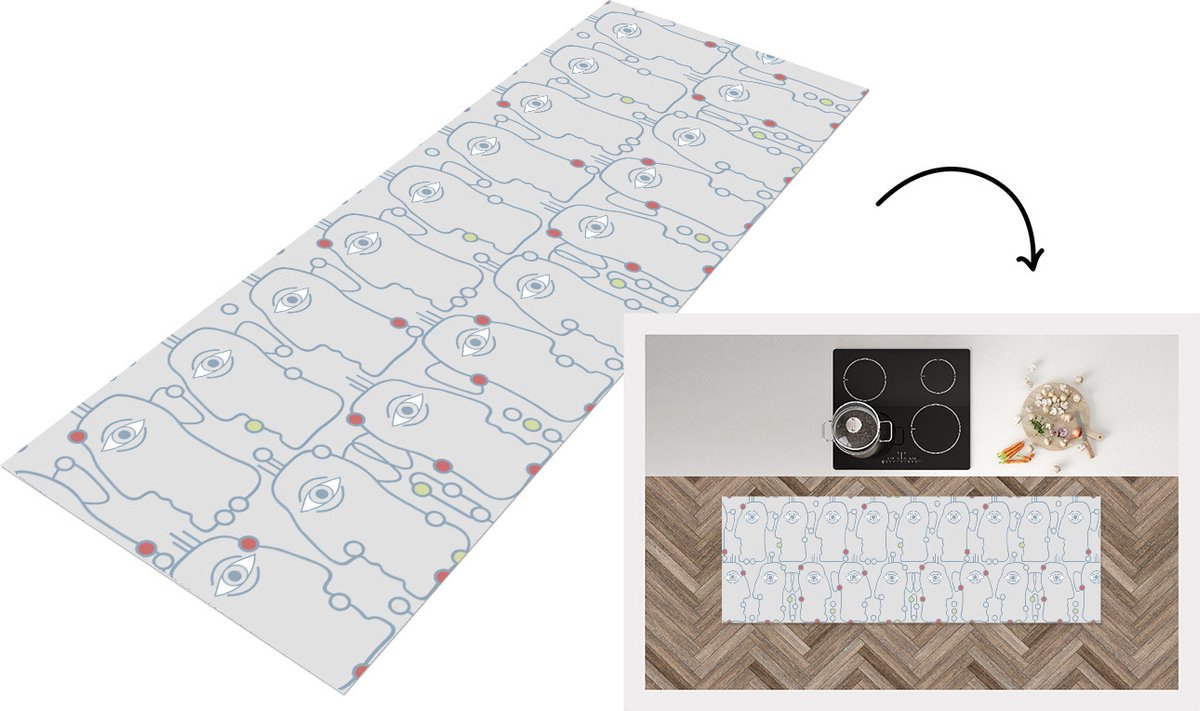 KitchenYeah Keukenloper - Loper keuken - Line Art - Gezicht - Patroon - 180x60 cm - Keukenloper vinyl Multicolor