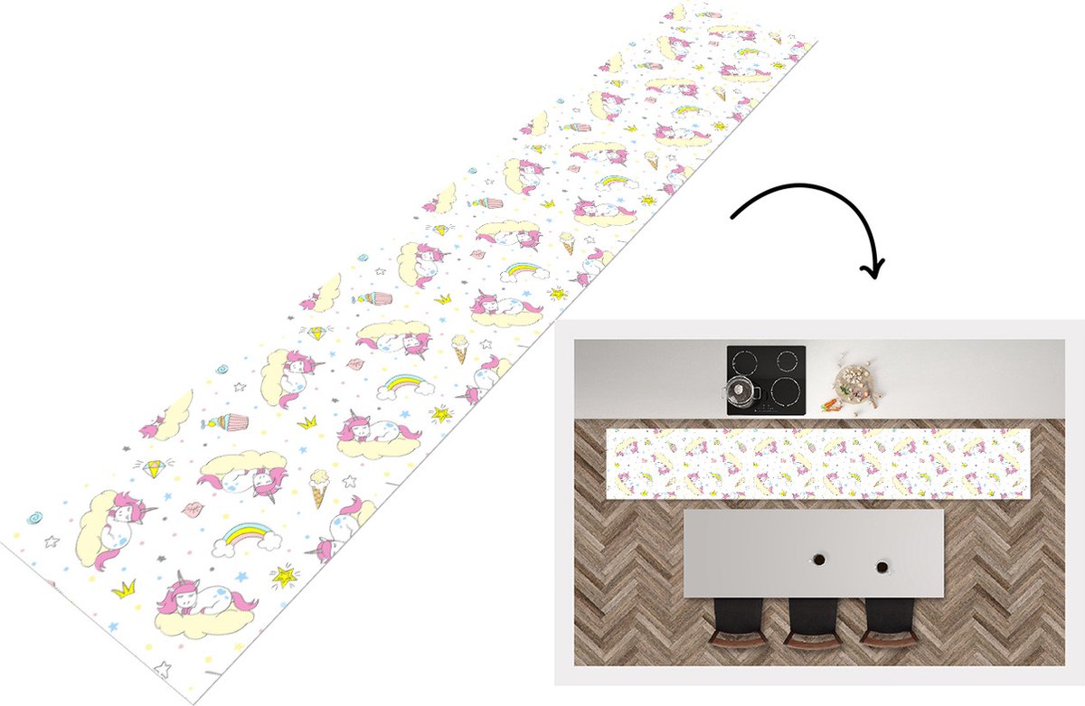 KitchenYeah Keukenloper - Loper keuken - Eenhoorn - Patronen - Regenboog - 300x50 cm - Keukenloper vinyl Multicolor