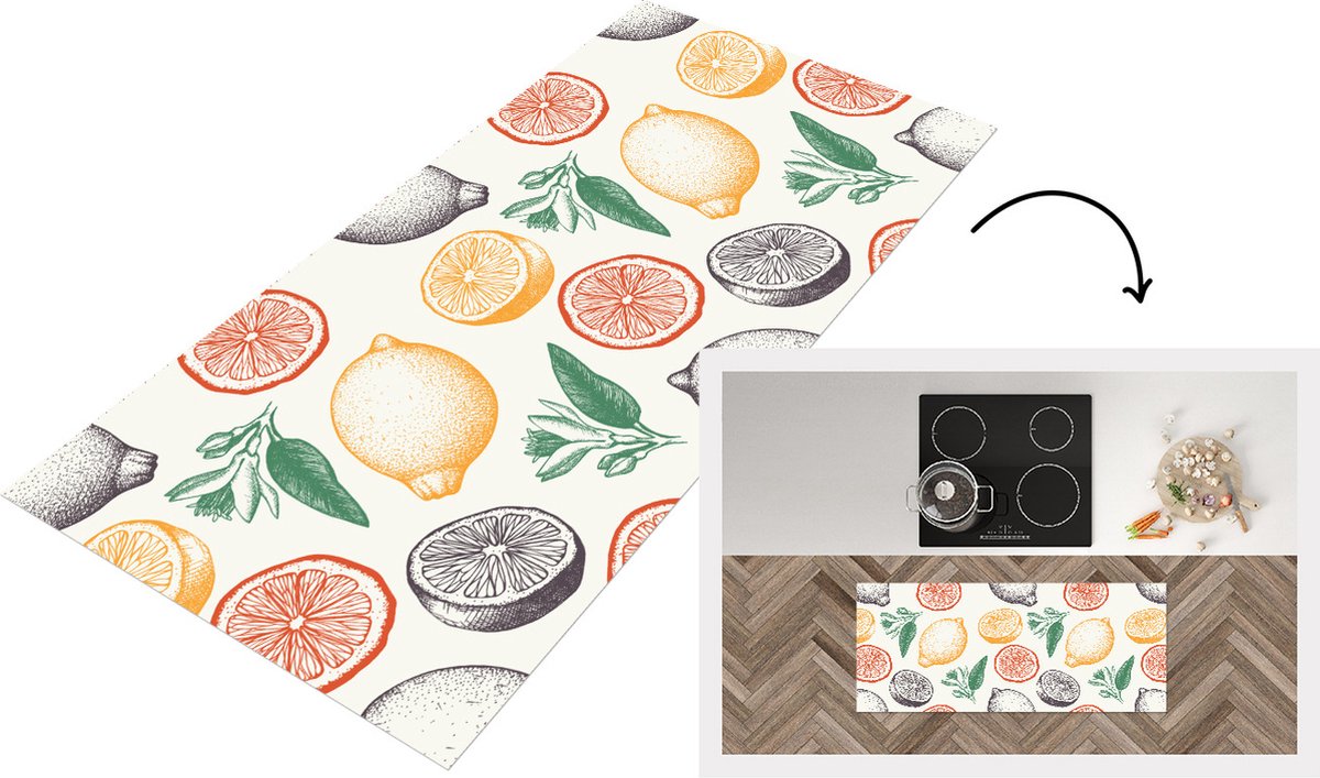 KitchenYeah Keukenloper - Loper keuken - Fruit - Vintage - Keuken - Patronen - 120x50 cm - Keukenloper vinyl Multicolor