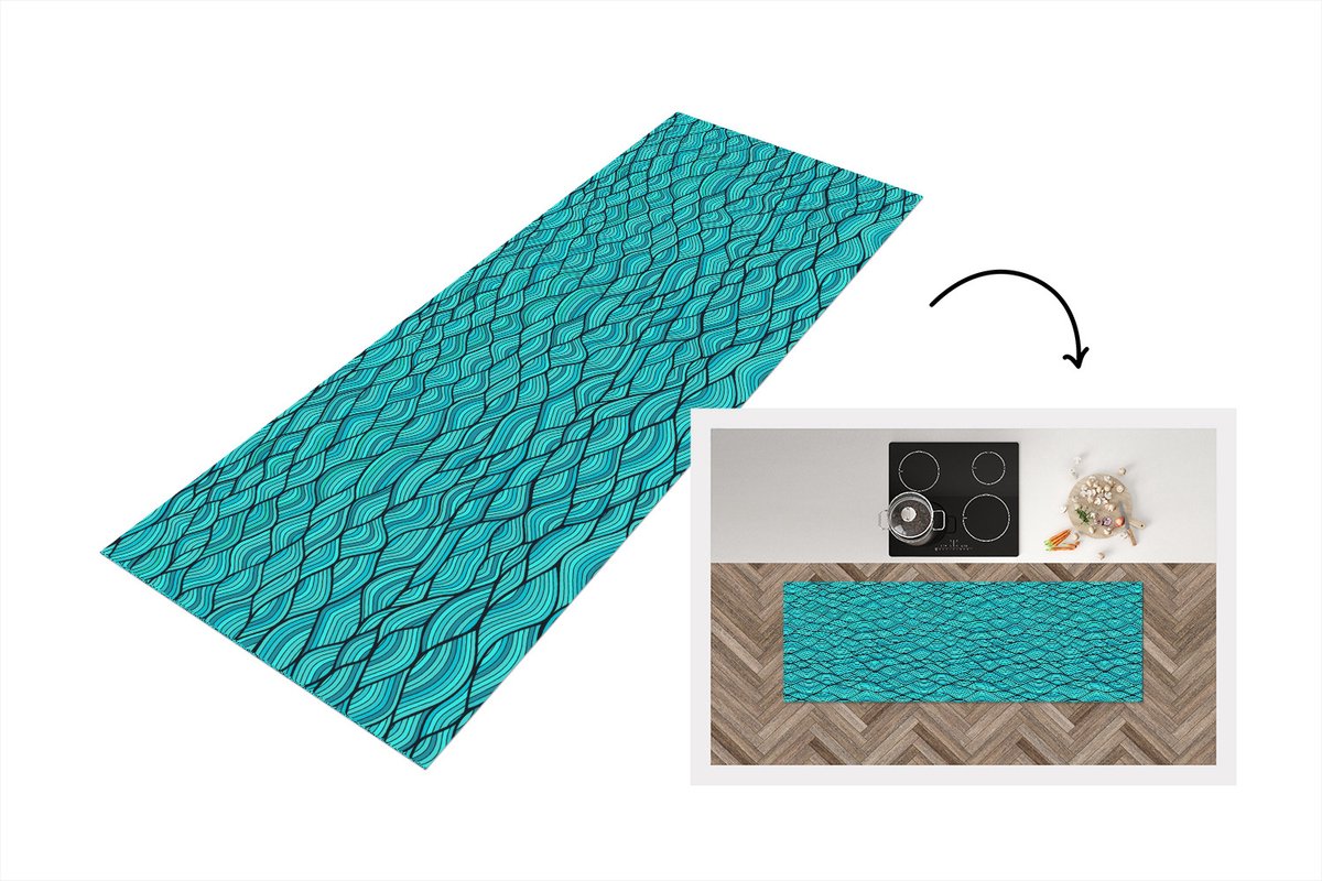 Keukenloper - Loper keuken - Zee - Japan - Blauw - Patronen - 180x60 cm - Keukenloper viny