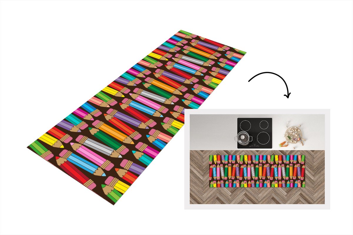 KitchenYeah Keukenloper - Loper keuken - Potlood - Patronen - Abstract - Regenboog - 180x60 cm - Keukenloper vinyl Multicolor