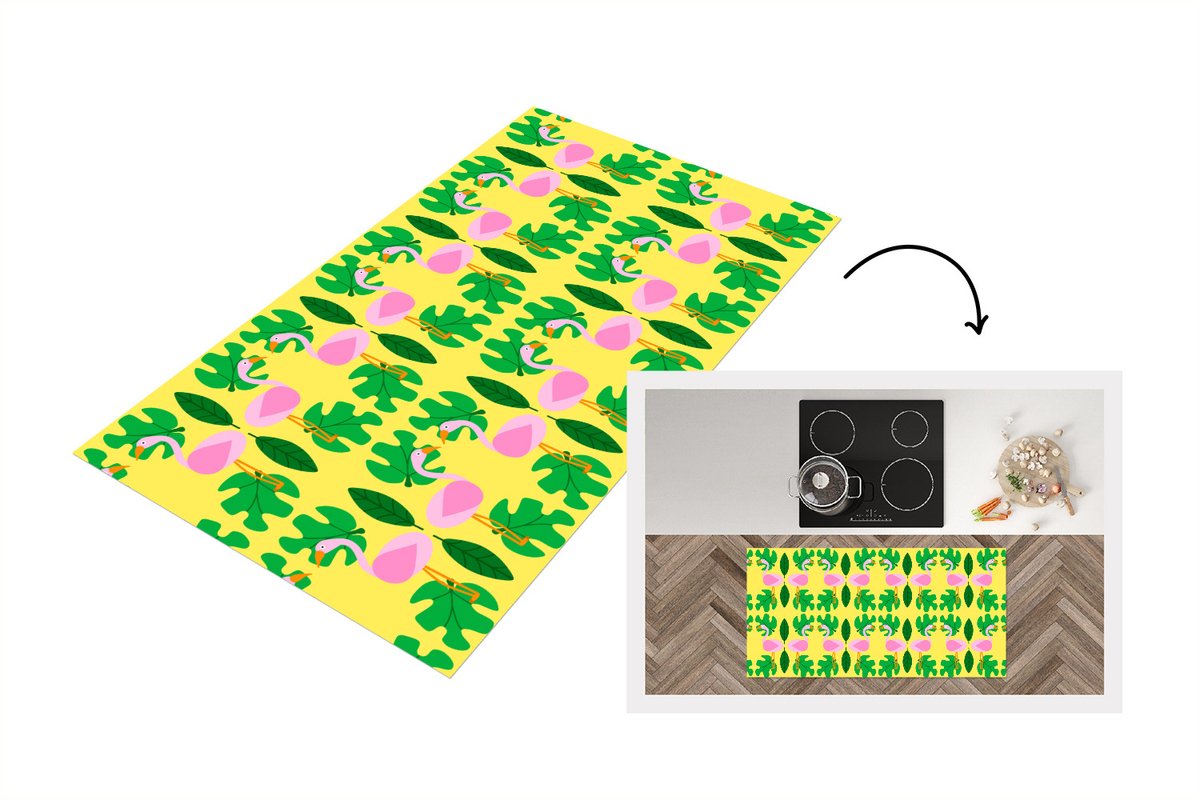 KitchenYeah Keukenloper - Loper keuken - Flamingo - Planten - Dieren - Patroon - 120x60 cm - Keukenloper vinyl Multicolor