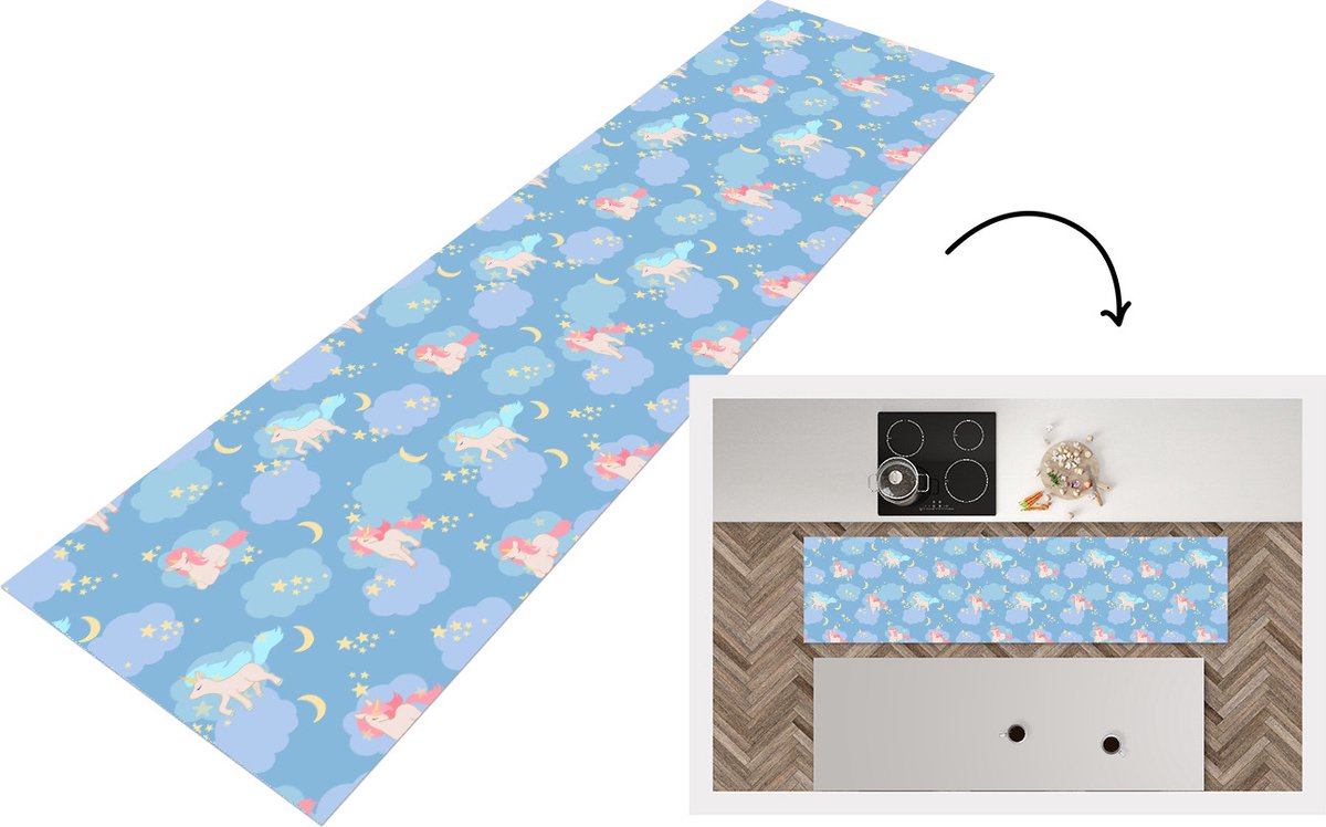 KitchenYeah Keukenloper - Loper keuken - Unicorn - Patronen - Sterrenhemel - 240x60 cm - Keukenloper vinyl Multicolor