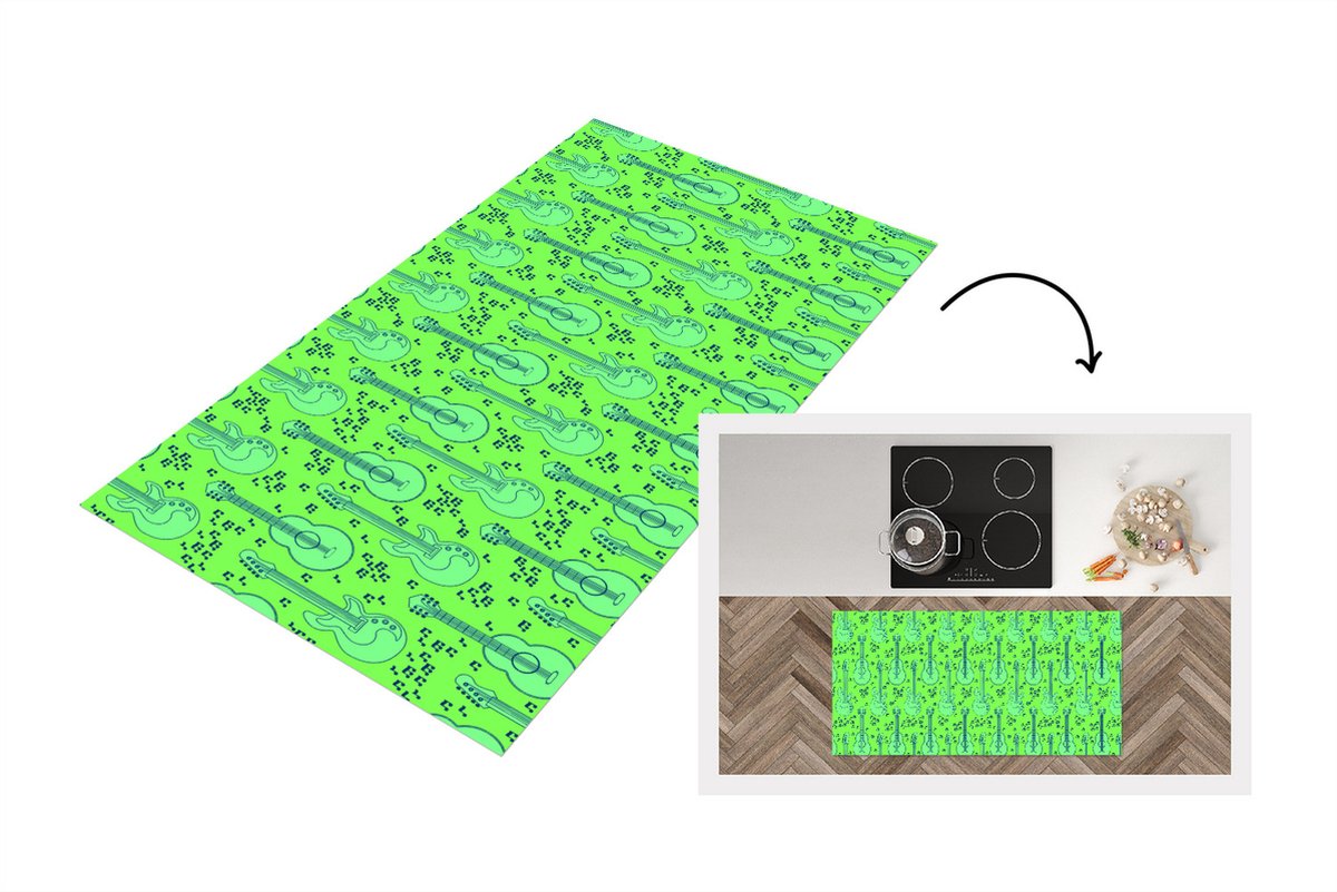 KitchenYeah Keukenloper - Loper keuken - Gitaar - Patronen - Groen - 120x60 cm - Keukenloper vinyl Multicolor