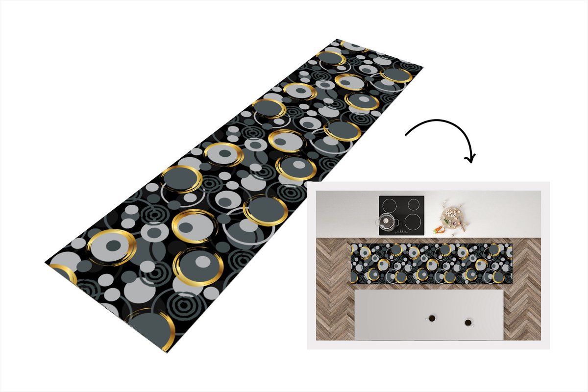 KitchenYeah Keukenloper - Loper keuken - Goud - Cirkel - Patronen - 240x60 cm - Keukenloper vinyl Multicolor