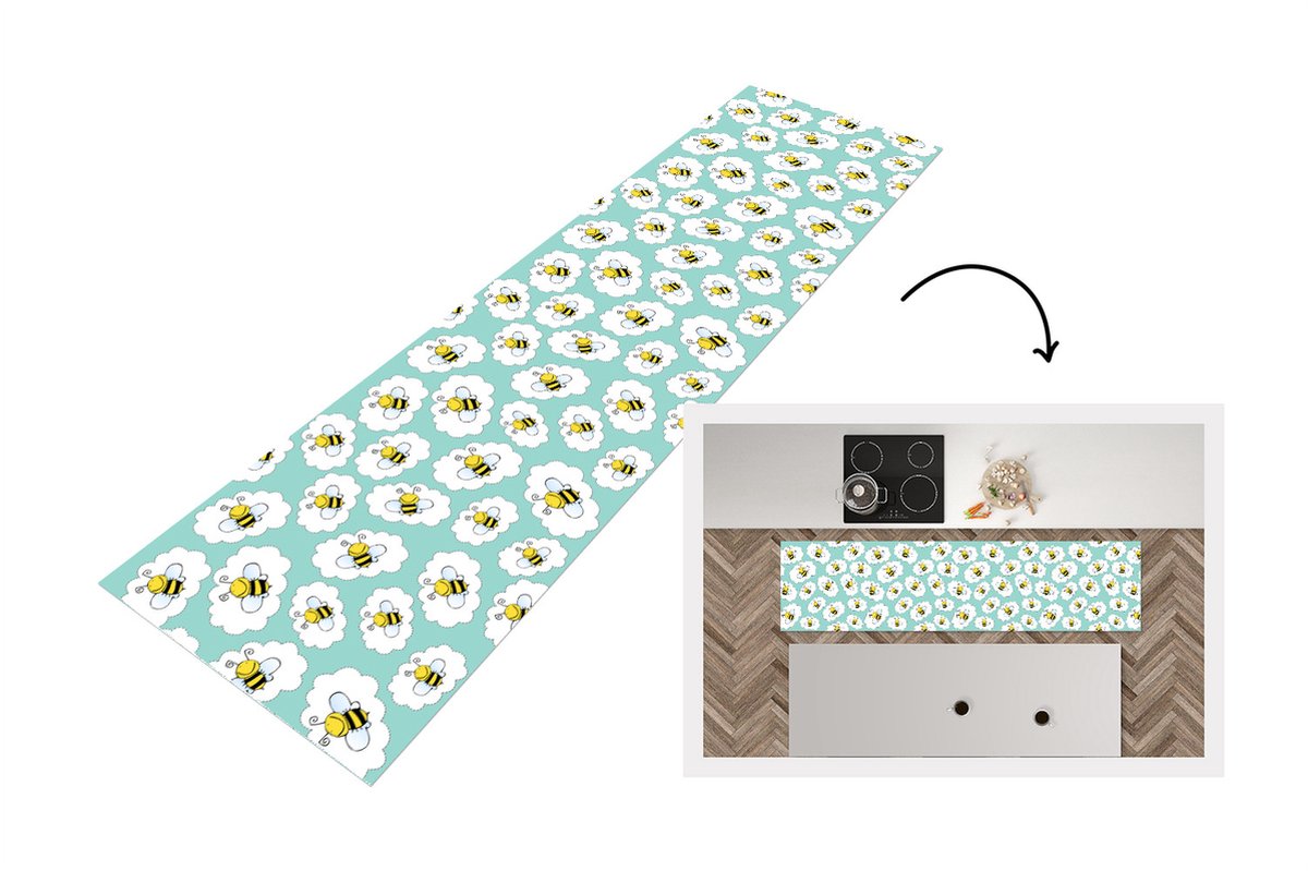 KitchenYeah Keukenloper - Loper keuken - Bij - Insecten - Patroon - Groen - 240x60 cm - Keukenloper vinyl Multicolor