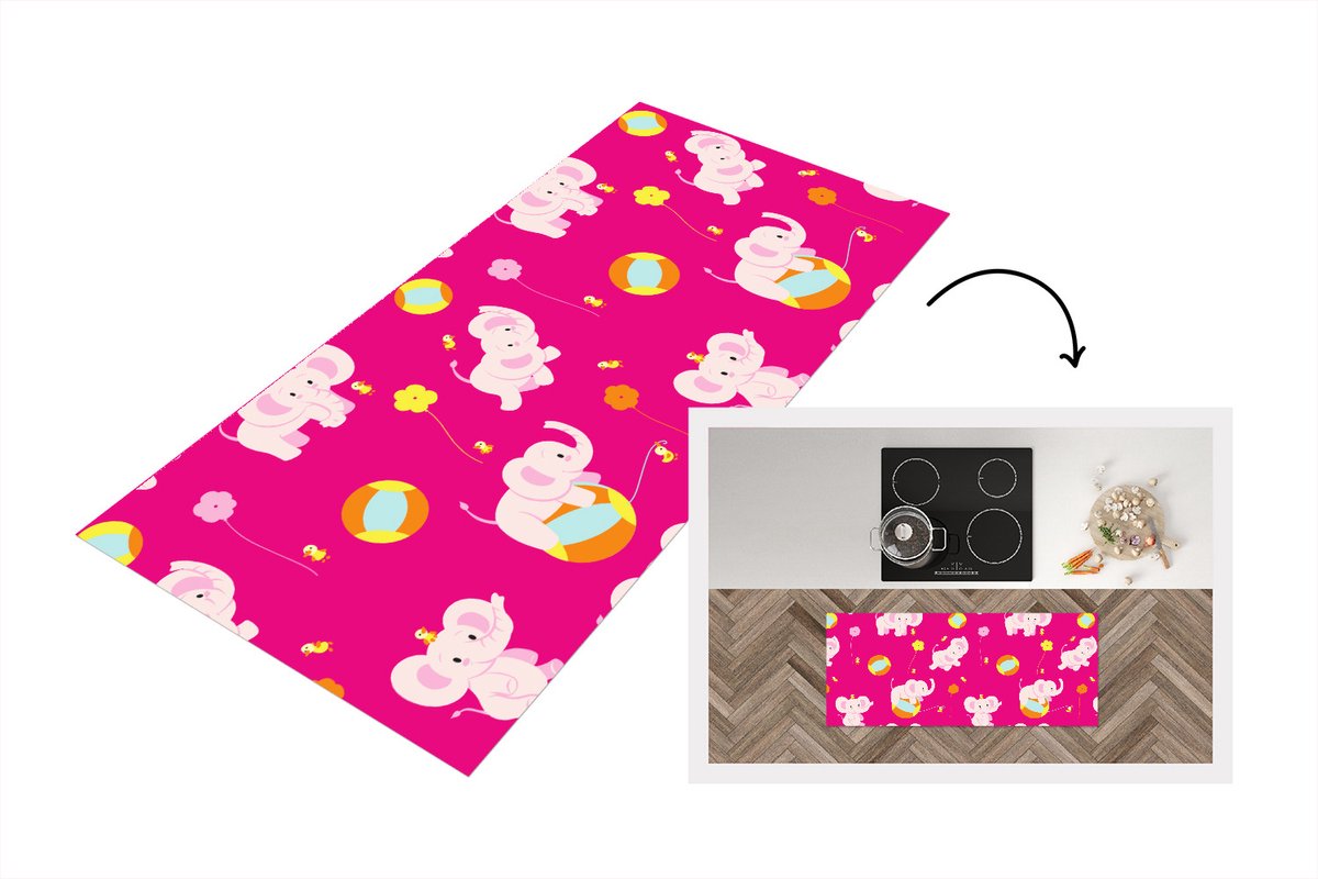 KitchenYeah Keukenloper - Loper keuken - Olifant - Bloemen - Patronen - 120x50 cm - Keukenloper vinyl Multicolor