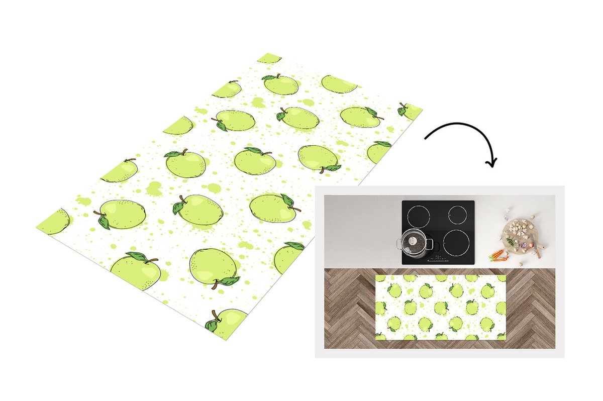 KitchenYeah Keukenloper - Loper keuken - Waterverf - Appel - Groen - Patronen - 120x60 cm - Keukenloper vinyl Multicolor