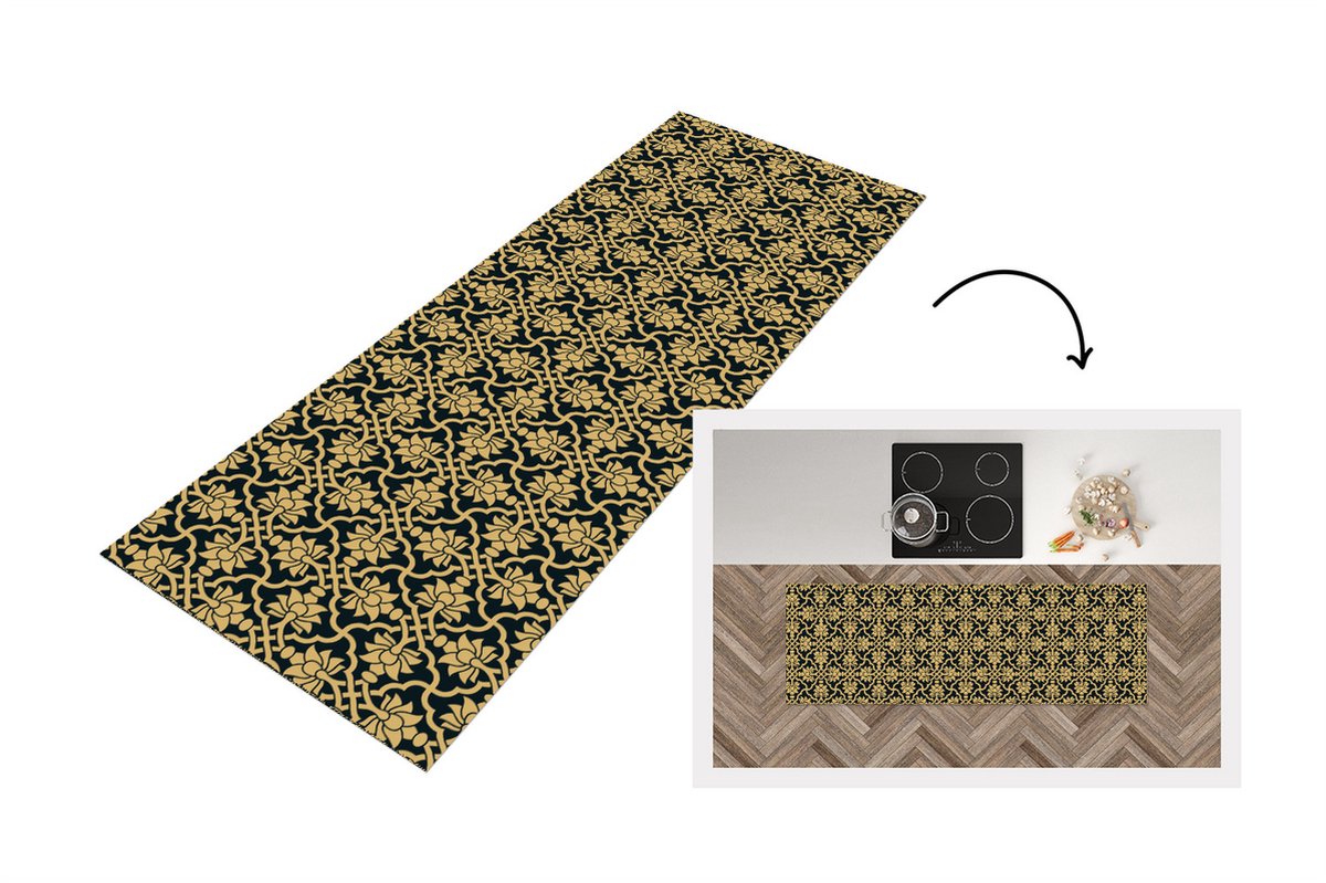 KitchenYeah Keukenloper - Loper keuken - Bloemen - Zwart - Goud - Patronen - Keukenloper vinyl, foto 3