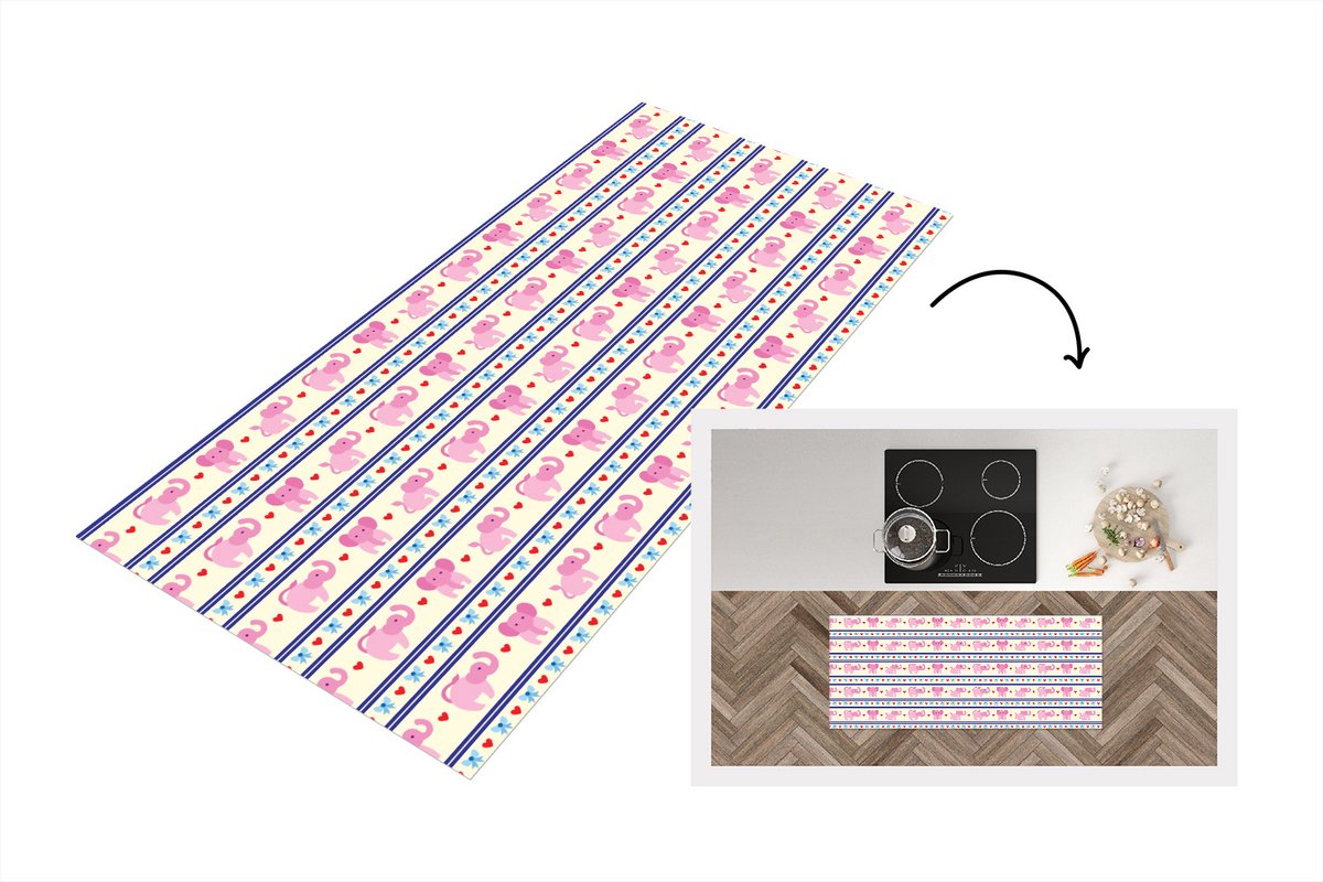 KitchenYeah Keukenloper - Loper keuken - Roze - Olifant - Lijn - Design - 120x50 cm - Keukenloper vinyl Multicolor
