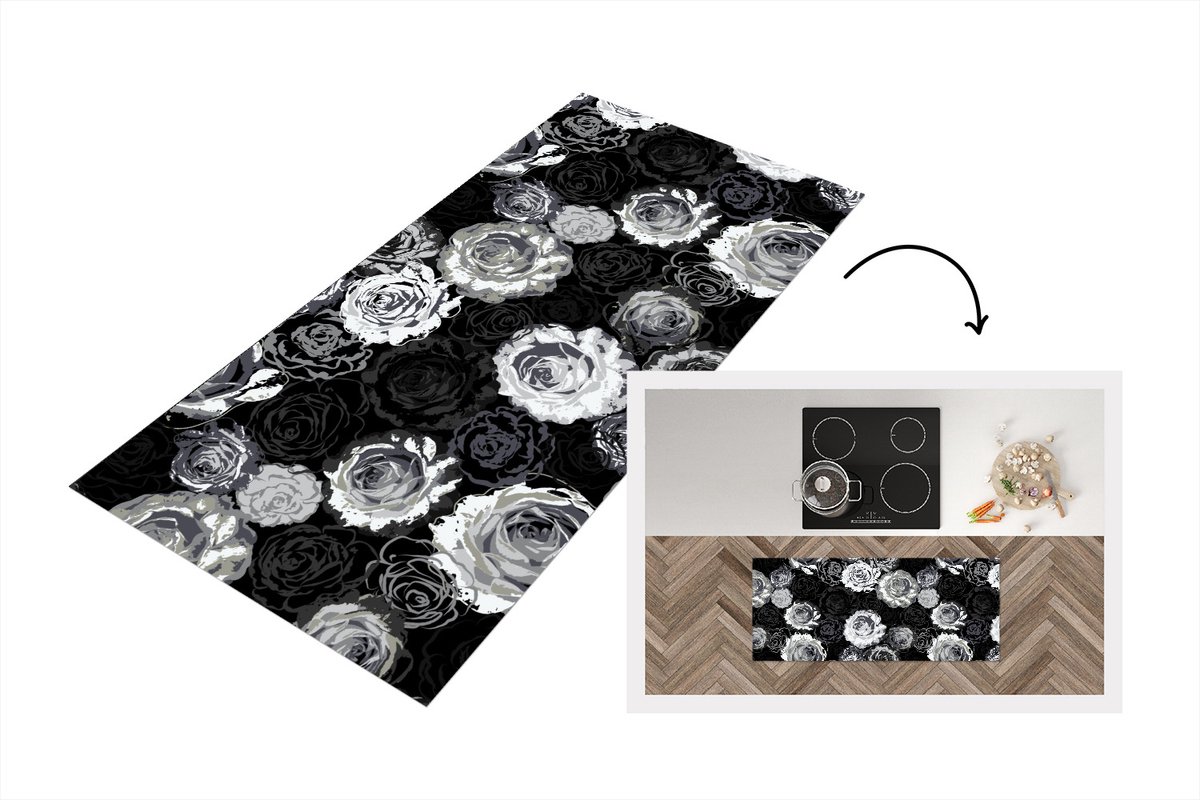KitchenYeah Keukenloper - Loper keuken - Rozen - Zwart Wit - Patronen - 120x50 cm - Keukenloper vinyl Zwart; Wit
