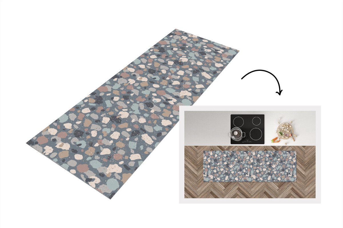 KitchenYeah Keukenloper - Loper keuken - Retro - Terrazzo - Geometrie - Patronen - 150x50 cm - Keukenloper vinyl Multicolor