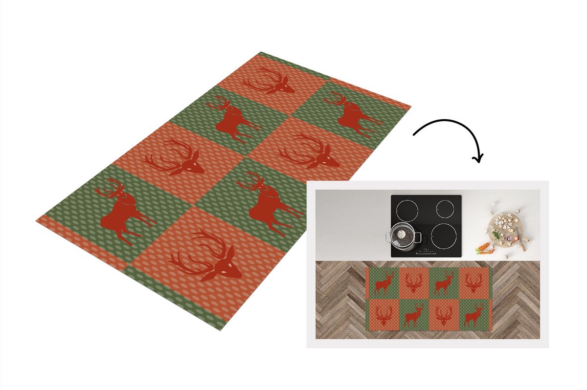 Keukenloper - Loper keuken - Patroon - Hert - Groen - Rood - 120x60 cm - Keukenloper vinyl