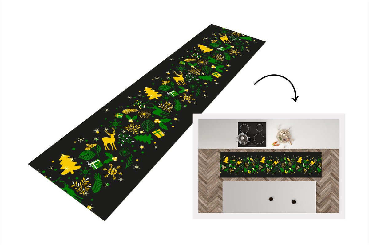 KitchenYeah Keukenloper - Loper keuken - Kerst - Patroon - Hert - 240x60 cm - Keukenloper vinyl Multicolor
