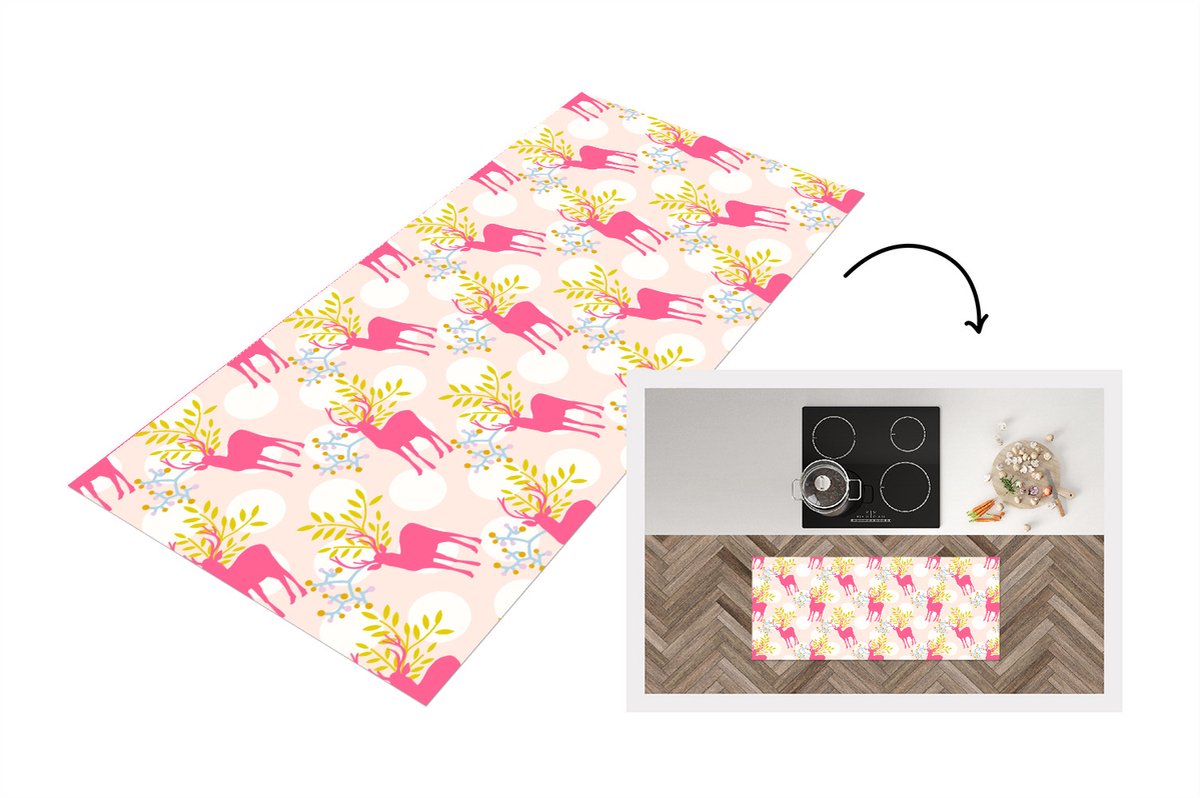 KitchenYeah Keukenloper - Loper keuken - Hert - Roze - Patronen - Keukenloper vinyl Multicolor