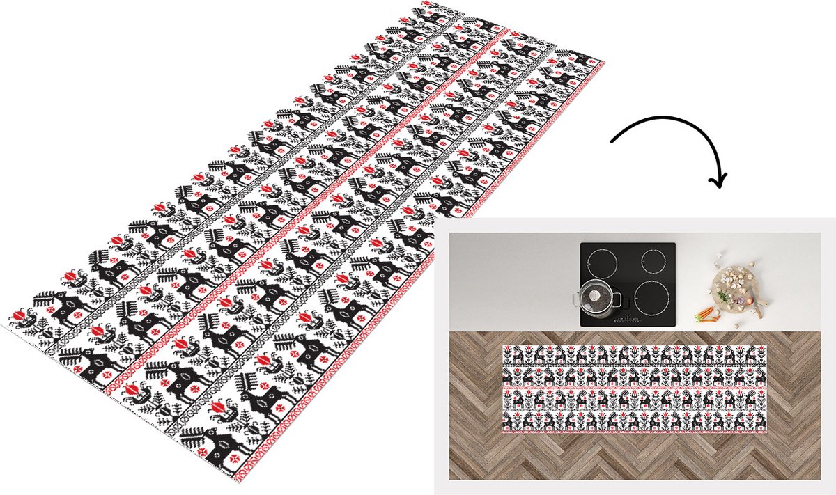 KitchenYeah Keukenloper - Loper keuken - Hert - Patroon - Zwart - Rood - 150x50 cm - Keukenloper vinyl Multicolor