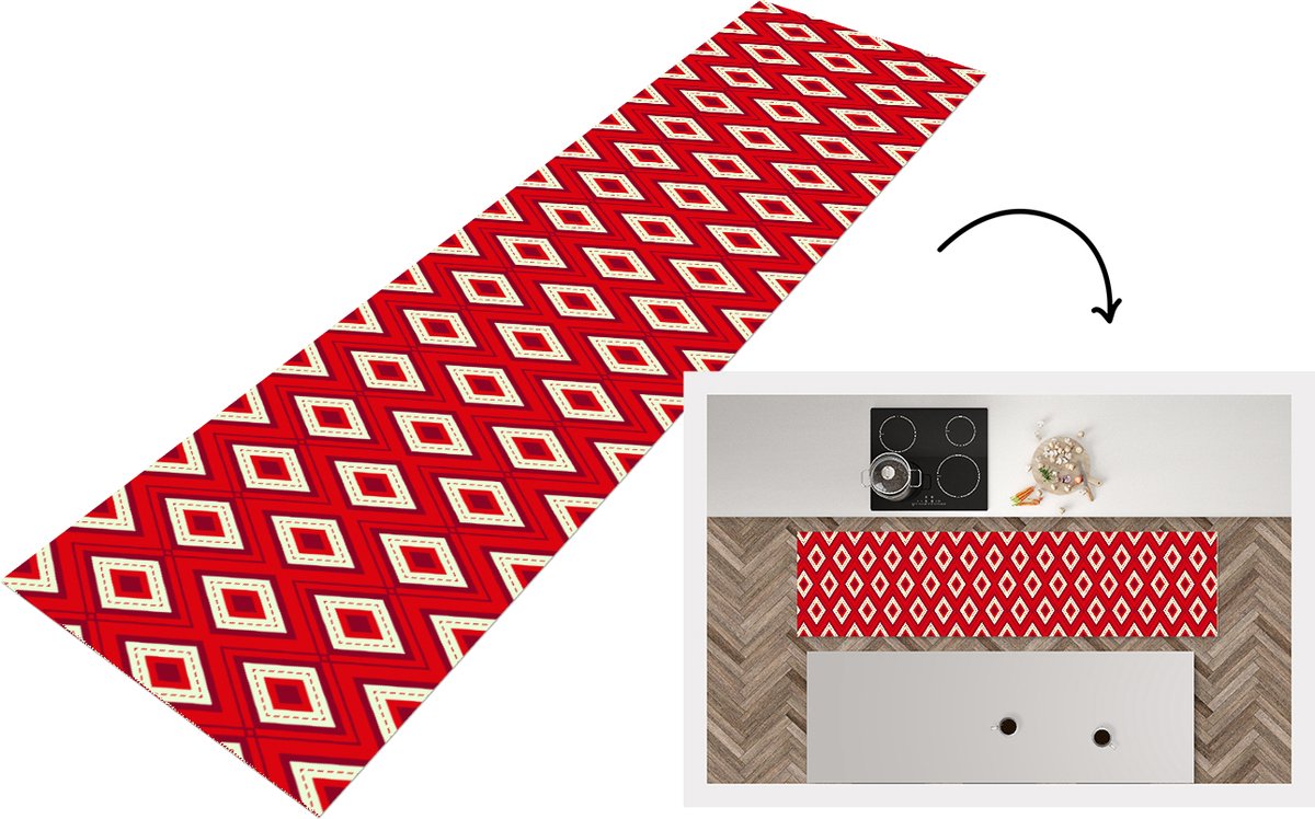 KitchenYeah Keukenloper - Loper keuken - Kerst - Patronen - Ruit - Rood - 240x60 cm - Keukenloper vinyl Multicolor