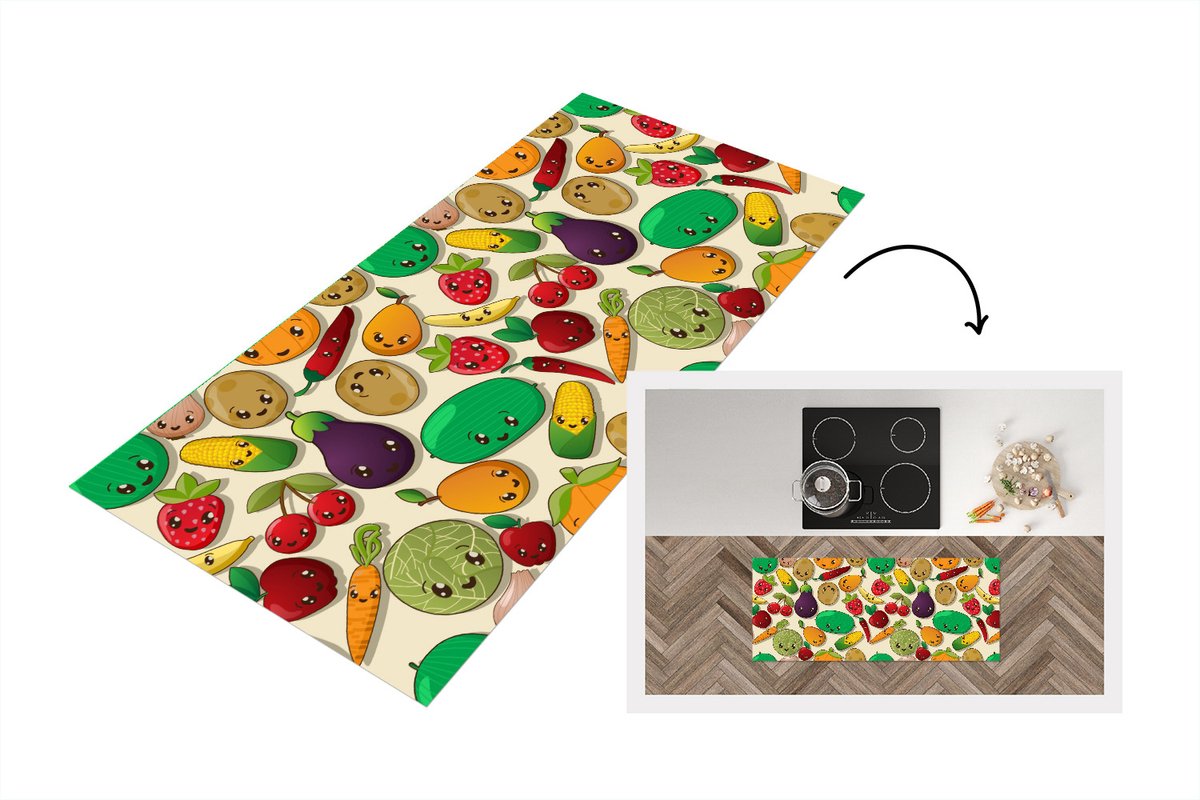 KitchenYeah Keukenloper - Loper keuken - Kawaii - Patronen - Groente - Fruit - 120x50 cm - Keukenloper vinyl Multicolor