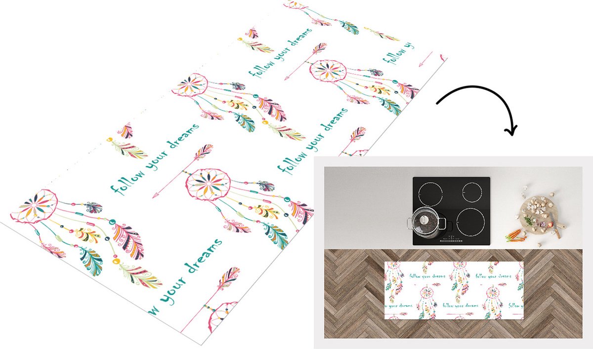KitchenYeah Keukenloper - Loper keuken - Dromen - Dromenvanger - Veren - Patronen - Regenboog - 120x50 cm - Keukenloper vinyl Multicolor
