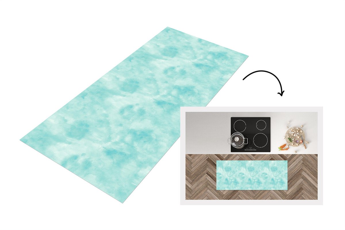 KitchenYeah Keukenloper - Loper keuken - Patroon - Waterverf - Turquoise - 120x50 cm - Keukenloper vinyl Multicolor