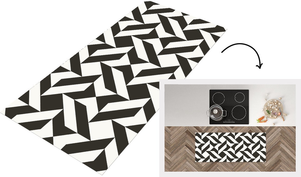 KitchenYeah Keukenloper - Loper keuken - Zwart - Wit - Geometrische vormen - Patronen - 120x50 cm - Keukenloper vinyl Multicolor