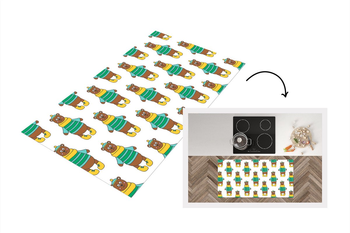 KitchenYeah Keukenloper - Loper keuken - Knuffel - Beer - Patronen - 120x60 cm - Keukenloper vinyl Multicolor