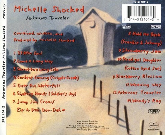 Achterkant van de "Arkansas Traveler" CD van Michelle Shocked met tracklist en afbeelding van een kleine schuur.