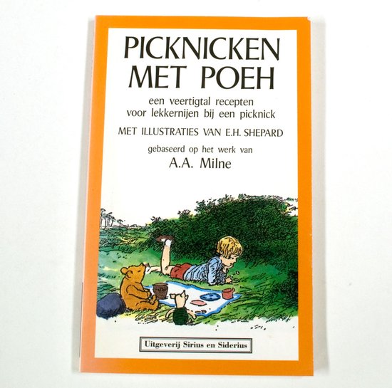 Boek 'Picknicken Met Poeh' met illustraties van Pooh en Christopher Robin in een veld.